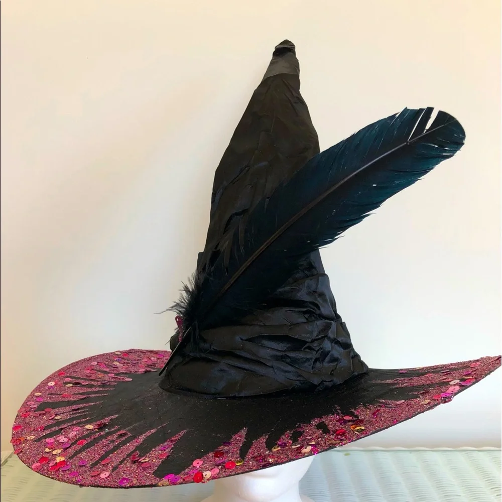 Witch hat artisan Black satin brim top & below multi pinks sparkles Flower & f…